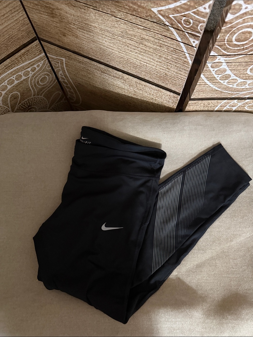 Nike Black Leggings with Silver Reflective Swoosh and Striped Panel